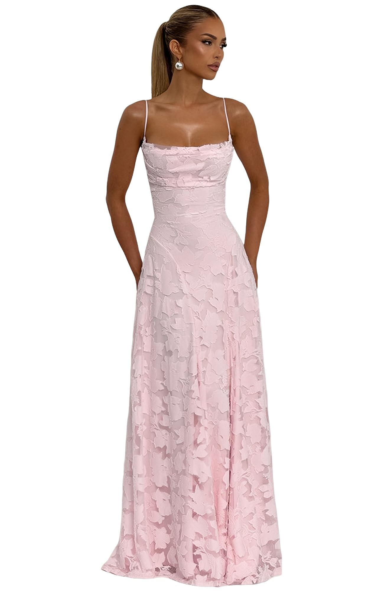 Damska sukienka maxi, ramiączka spaghetti, żakardowa, sukienka imprezowa, bez pleców, długa sukienka, elegancka sukienka koktajlowa, kwiatowa, wieczorowa