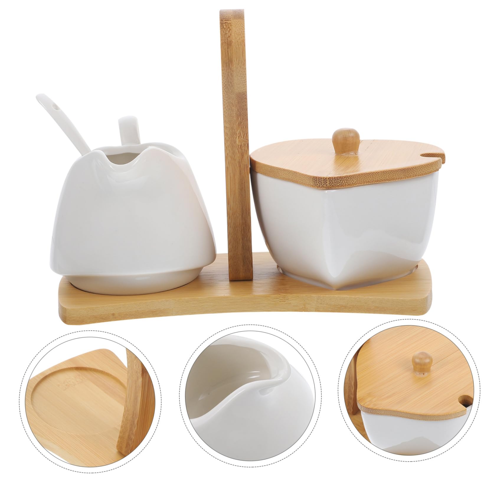 Azucarero y Jarra Cerámica Jarra Leche y Azucarero y Bandeja Bambú Diseño Simple Decoración Hogar