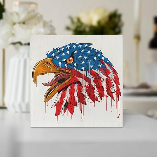 Miniatura 4 de Letrero rústico de madera con bandera estadounidense del 4 de julio, águila y águila americana, decoración de escritorio patriótica del 4 de julio,