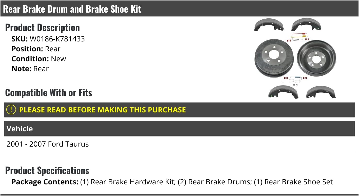Marketplace Auto Parts Rear Brake Drum and Brake Shoe Kit with Hardware - Compatible with 2001-2007 Ford Taurus