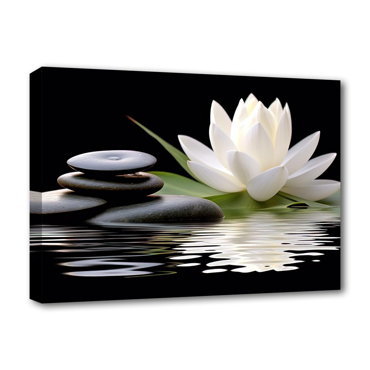 ( with minor ripped ) LZIMU Zen Canvas Wall Art White Lotus and Black Zen Stones Bloom in Water Picture Prints for Yoga Spa Meditation Spiritual Room Bathroom Decor (Zen-1, 16"x24")