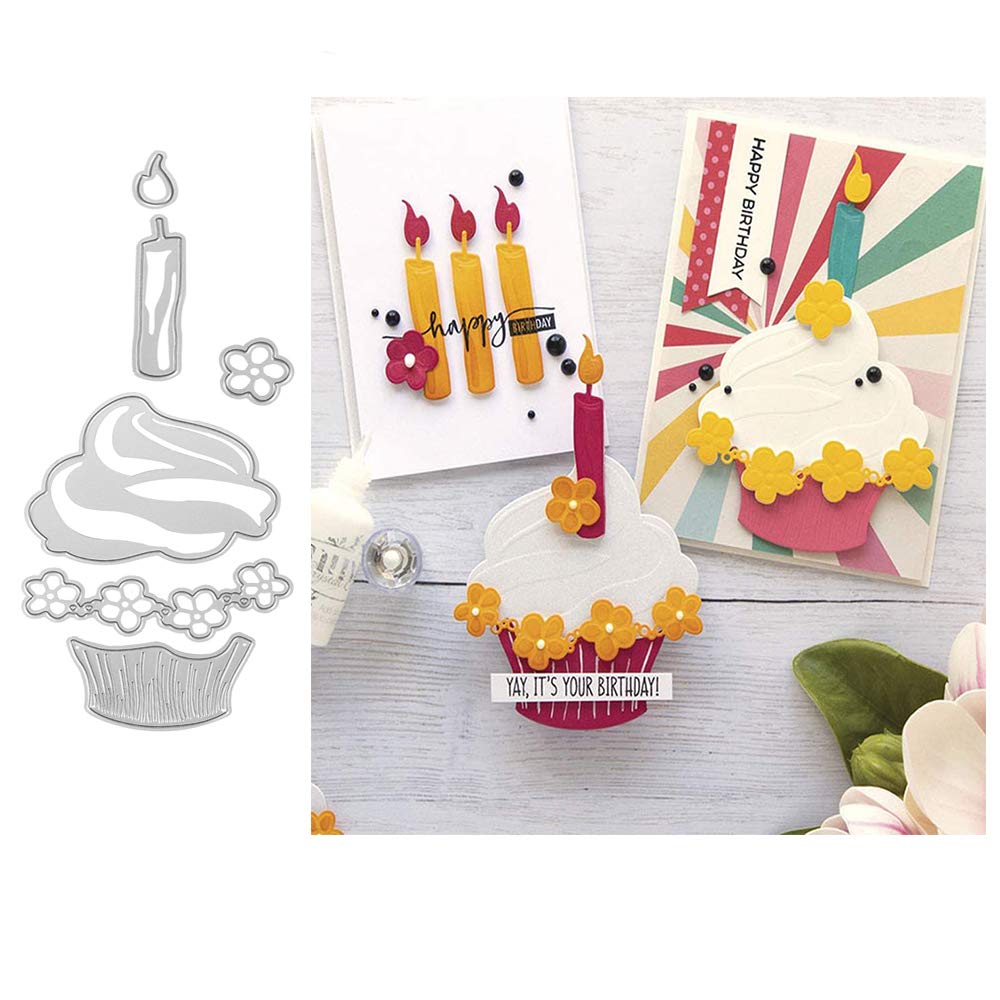 Metal Birthday Ice Cream Cake Cutting Dies,Happy Birthday Cake with Flowers Candle Die Cuts Embossing Stencils Template Mould for Card Scrapbooking and DIY Craft Album Paper Card Decor