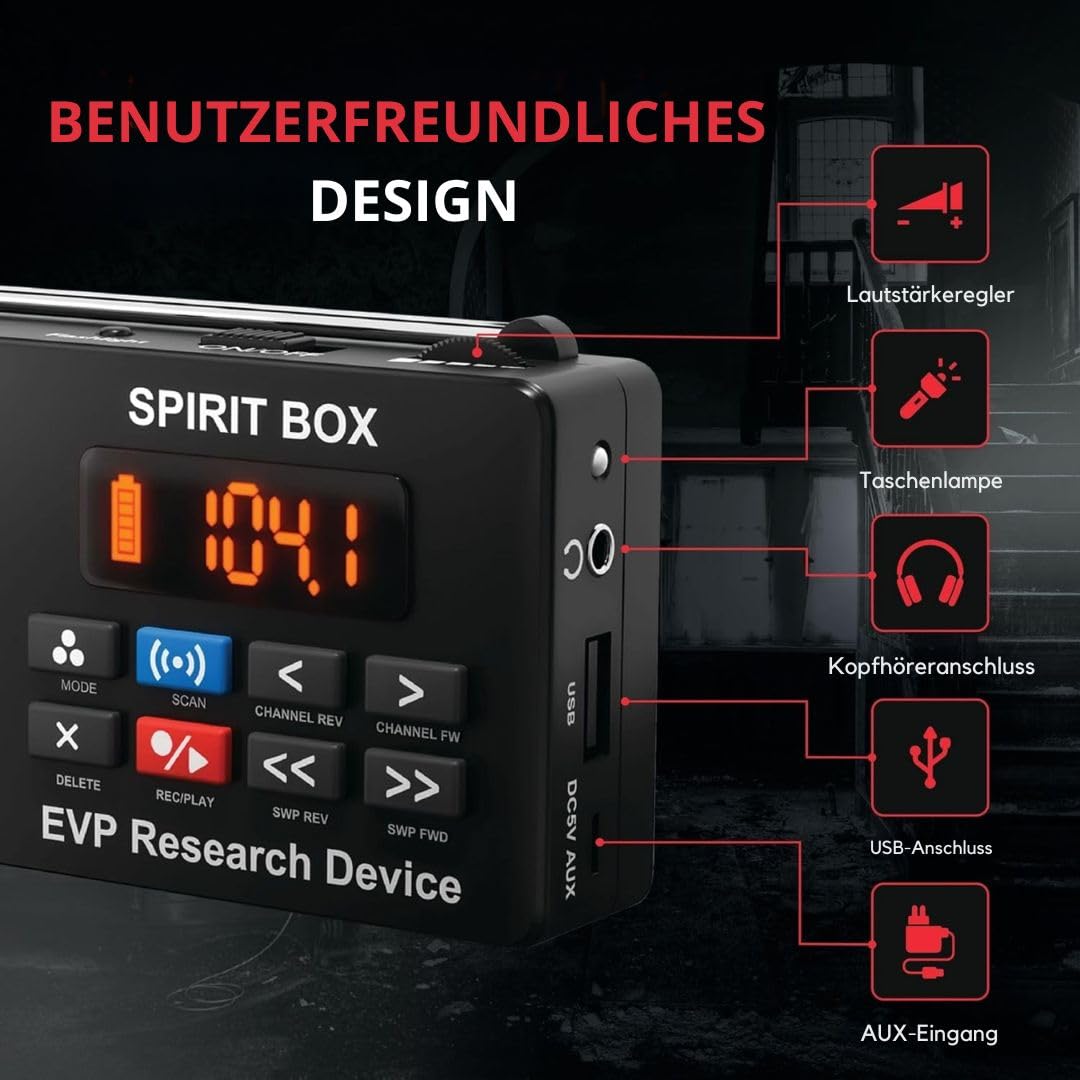 Spirit Box für Geisterjagd — Handheld-EVP-Gerät zur Geisterjagd mit 32-GB-Micro-SD und integrierter Taschenlampe — Paranormale Ghost Box zum Scannen und Aufzeichnen von Spirit-Stimmen