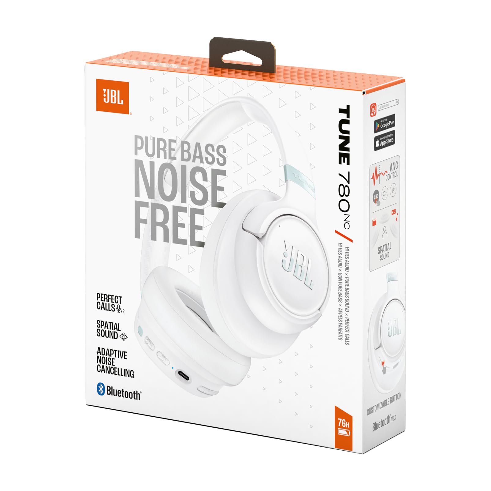 JBL Tune 780 NC, Bezprzewodowe Słuchawki Nauszne, Białe | Redukcją Hałasu, Bluetooth 6.0, z Szybkim Ładowaniem, 76 h Odtwarzania na Baterii, Google Fast Pair i Microsoft Swift Pair
