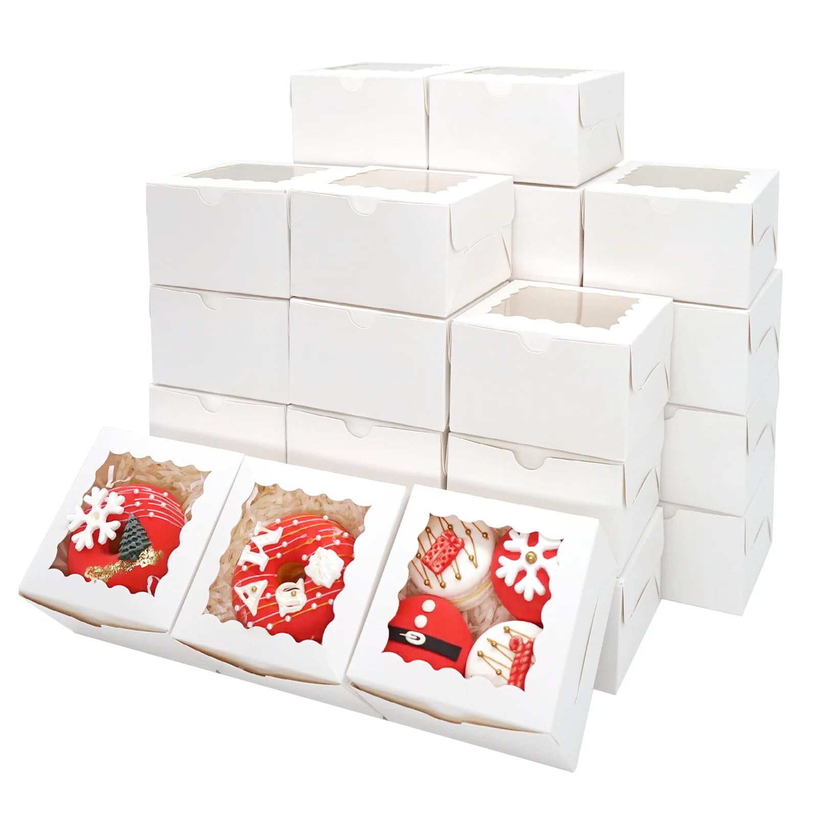 クッキーボックス 100個 4x4x2.5インチ 窓付きベーカリーボックス ストロベリーボックス おやつボックス デザートボックス  カップケーキ/キャンディ/チョコレートストロベリー用 ホワイト HONGFAPK 窓付きホワイトクッキーボックス 100個 4 1/2インチ x 4 1/2インチ x 1 1/5インチ 個別の小さ