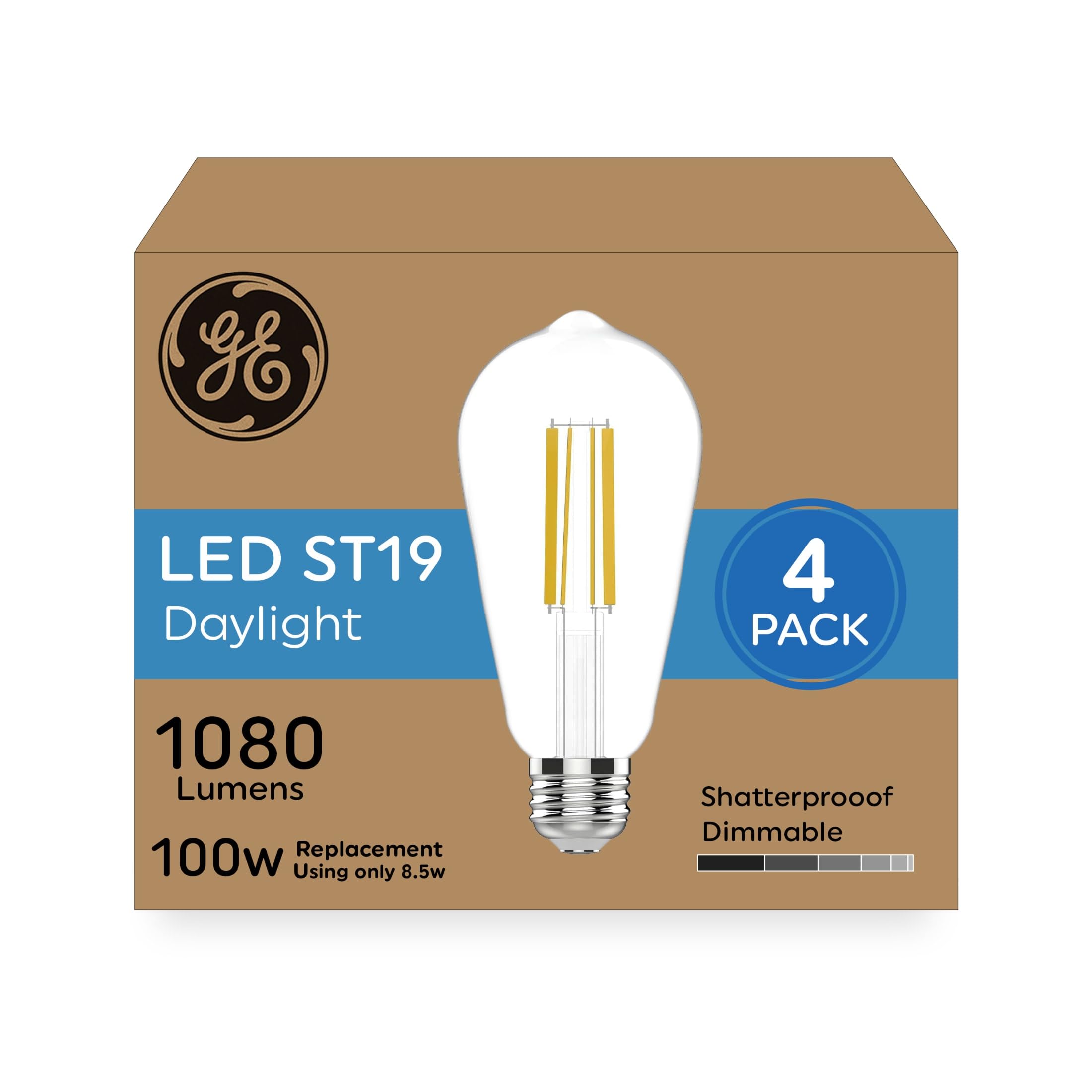 GE Ultra Bright LED Light Bulbs, 100 Watt Equivalent, Daylight, ST19 Edison Style Bulbs (4 Pack)