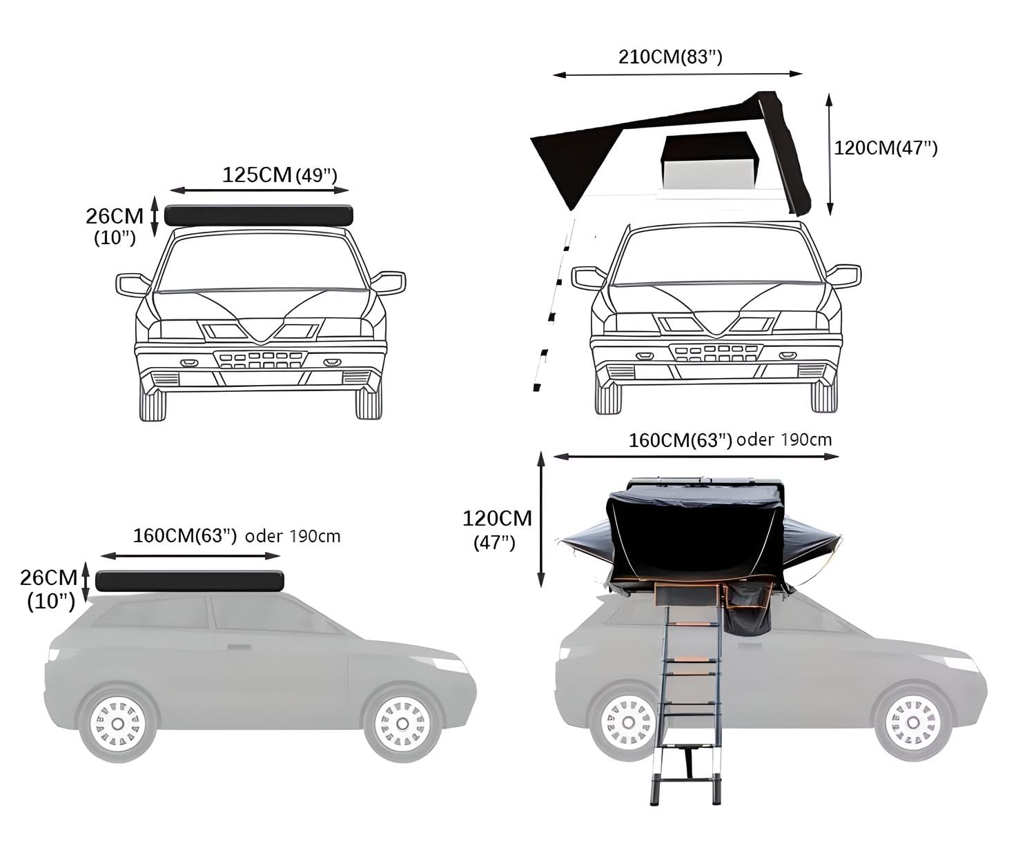 Tienda de campaña para techo de coche, aluminio, 2 tamaños, 5 personas, color gris y negro, LED, opt. toldo o toldo (gris/negro, 190 x 210 x 110 cm, solo tienda de techo)
