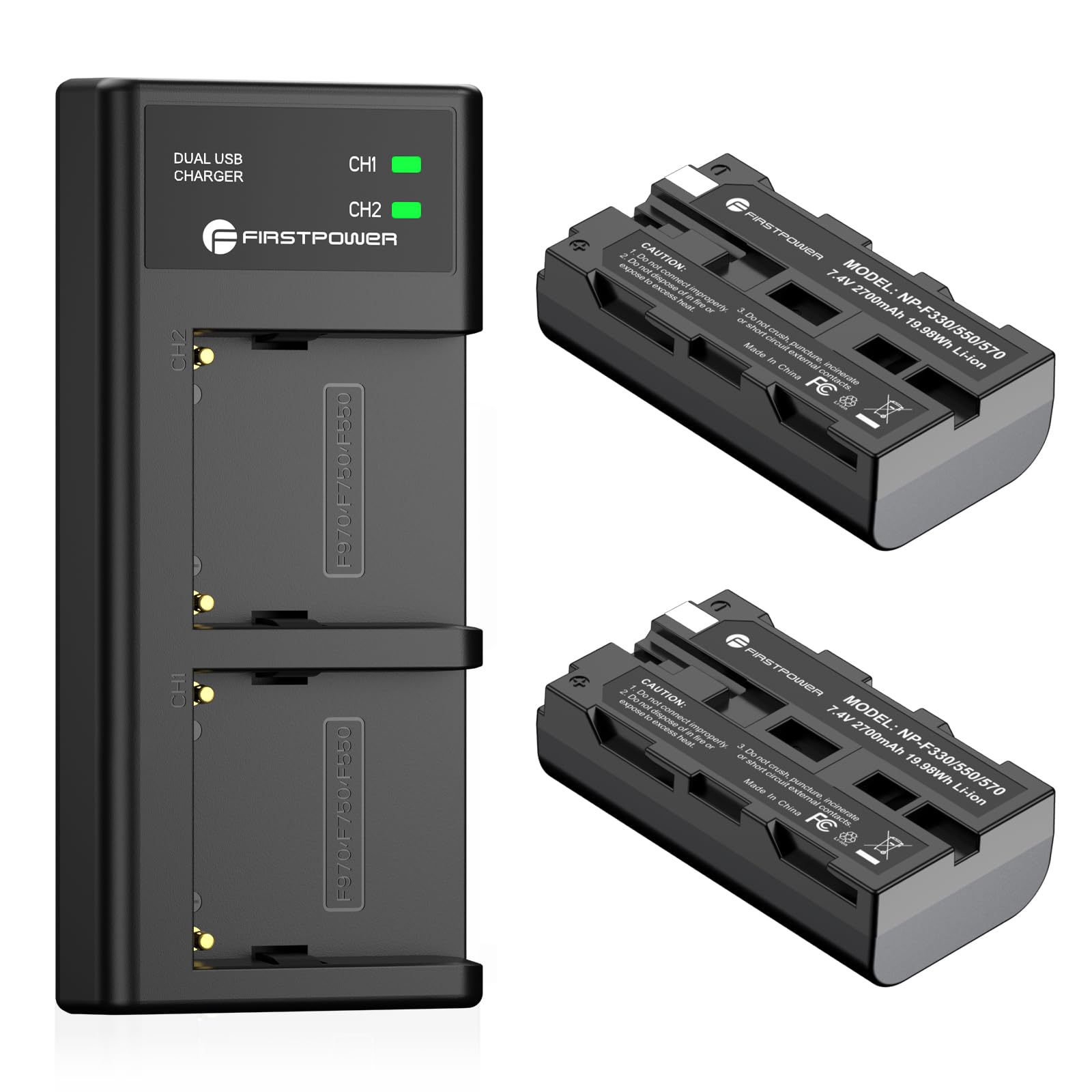 FirstPower NP-F550 Battery 2-Pack and USB Dual Slot Charger Compatible with Sony NP F570, F550, F530, F970, F960, F770, F750, F330, CCD-SC55, TR516,