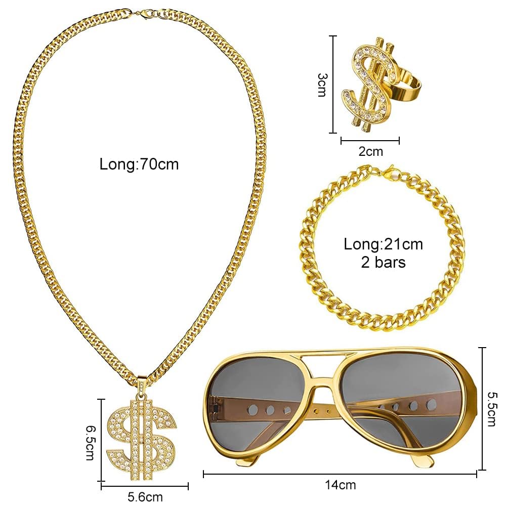Zestaw kostiumowy hip-hopowy w stylu lat 80., złoty dolar, łańcuszek i złota bransoletka, pierścień, okulary, osobowość, hip-hop, kostium dla mężczyzn, lat 80-tych, 90., kostium rapera, na