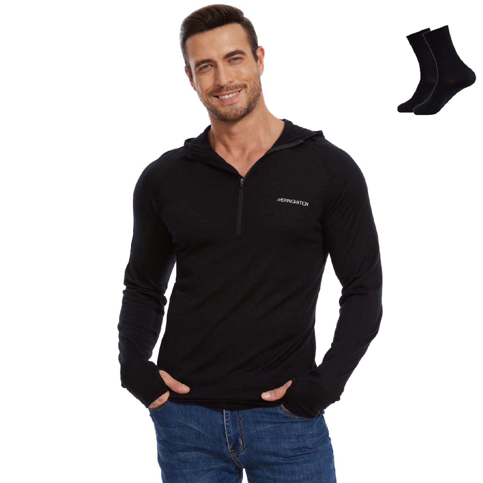 Merino.tech 100% Merino Wool Hoodie Men - Slim Fit Merino Wool Base - View #6