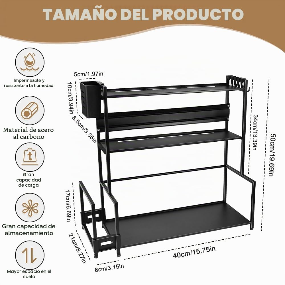 Organizador de Especias para Cocina, Estantería para Especias de 3 Niveles de Pie, Especieros para Cocina de Acero al Carbono con Soporte para Tabla de Cortar, Caja para Utensilios y 6 Ganchos