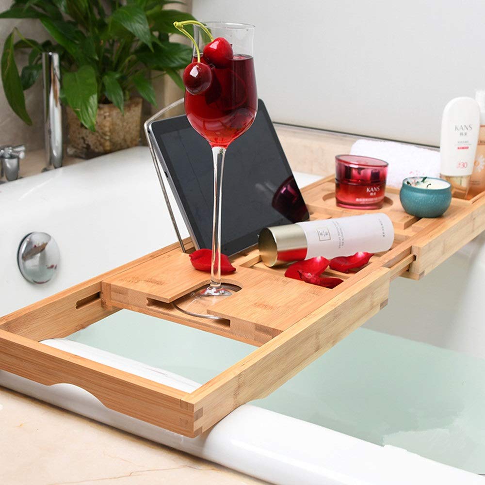 Bandeja para Bañera Estante para Bañera Bandeja para Bañera De Bambú con Lados Extensibles Soporte para Tableta para Libros Incorporado Soporte para Copa De Vino Bandeja para Bañera/Marrón,