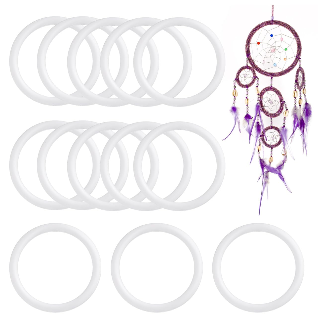 PATIKIL 2 Ring Acchiappasogni, 10pz Cerchio ad Ring Rotondo Floreale con Ghirlanda Plastica Macramè per Decorazioni Appendere a Parete Matrimoni Artigianali Fai-Da-Te, Bianco