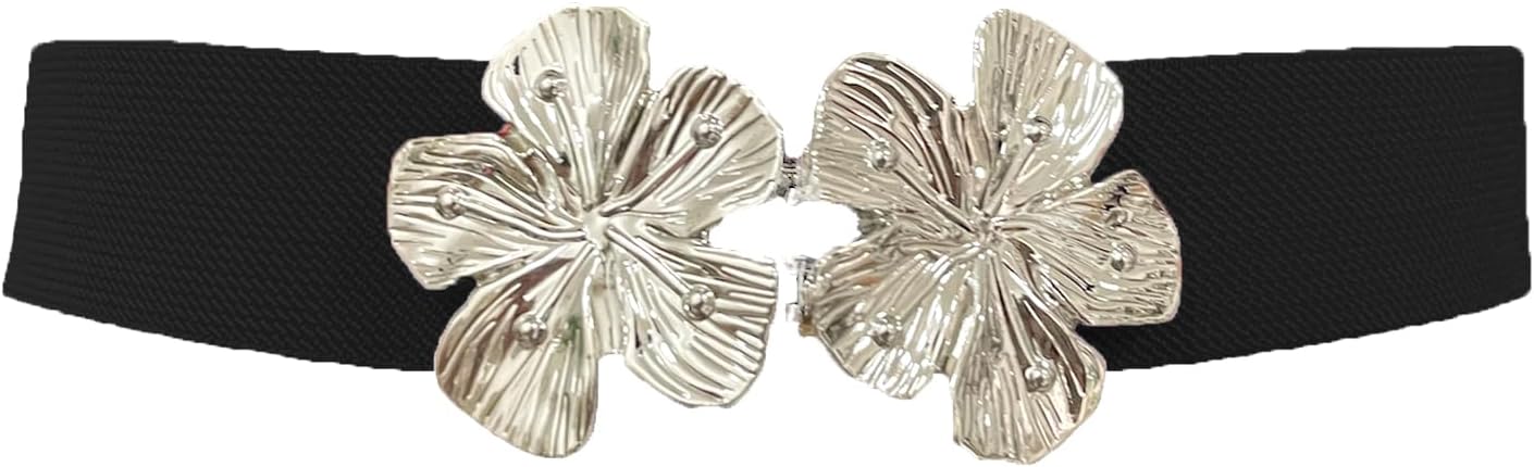 COTIM COYIN Women's Fashion Elastic Stretch Waist Belts With Metal Pin Flower Buckle for Jeans Pants Dress