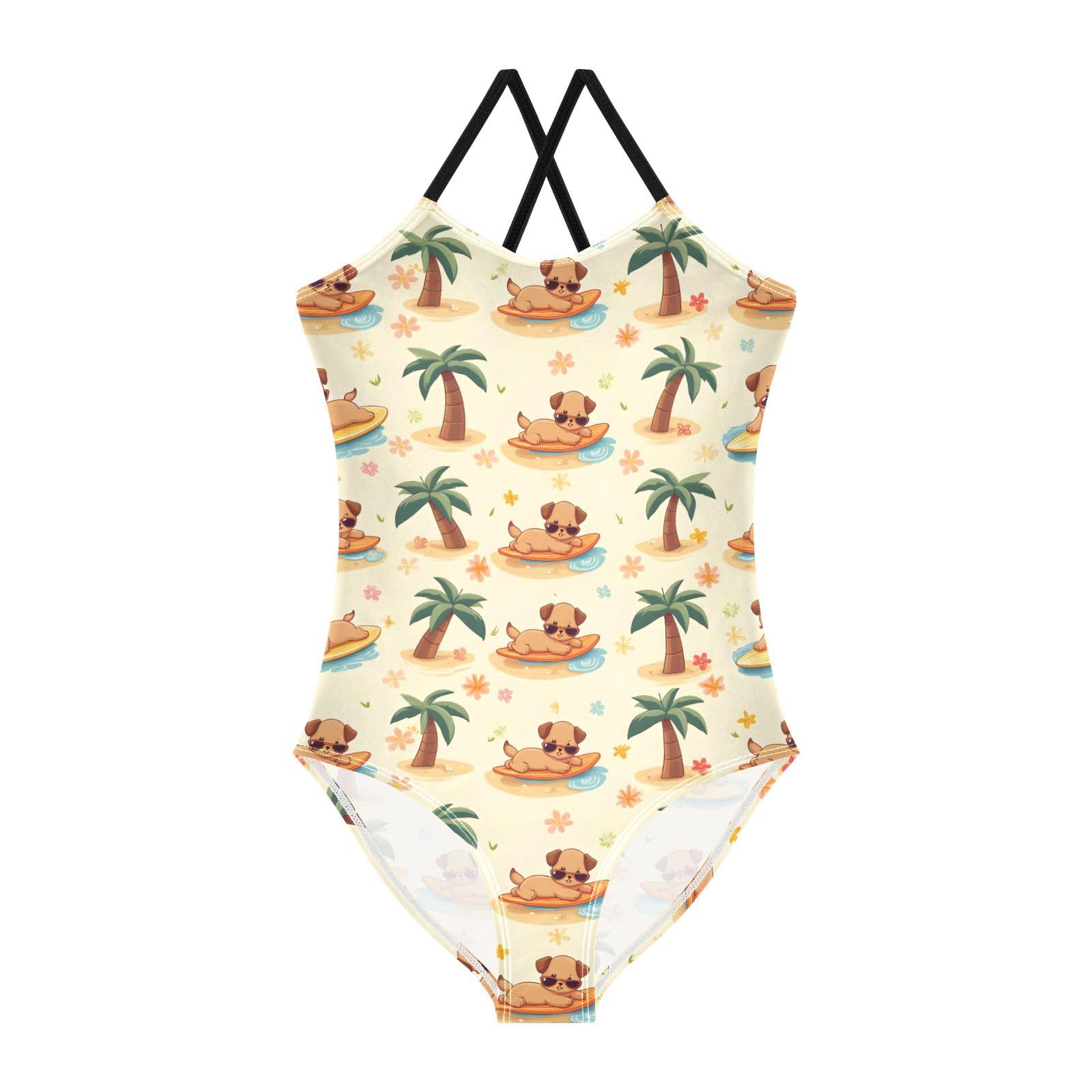 Surfboard Dog Palm Tree Girls Swimsuits Quick Dry Crossback One Piece Beach Swimwear Bathing Suit, 5-6T