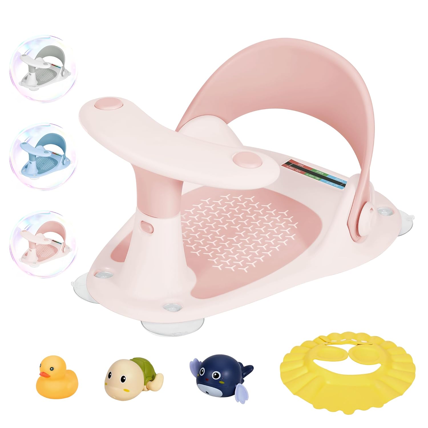 Baby Bath Seat 6-24 Months-Baby Bath Support Toddler Bath Seat with Water Thermometer/4 Strong Suction Cup/3 Bath Toys/Shower Cap Baby Bath Seats for Sitting up in The tub(Pink) Baby Bath Seat 6-24 Months-Baby Bath Support Toddler Bath Seat with Water Thermometer/4 Strong Suction Cup/3 Bath Toys/Shower Cap Baby Bath Seats for Sitting up in The tub(Pink)