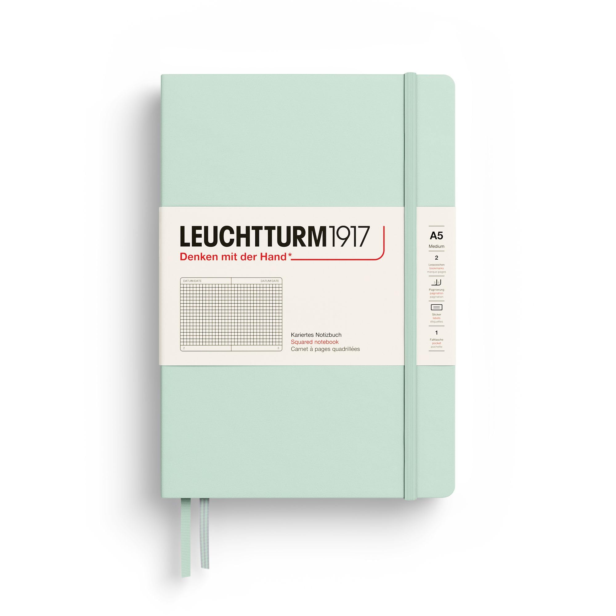 LEUCHTTURM1917 - Notebook Hardcover Medium A5-251 Numbered Pages for Writing and Journaling (Mint Green, Squared)