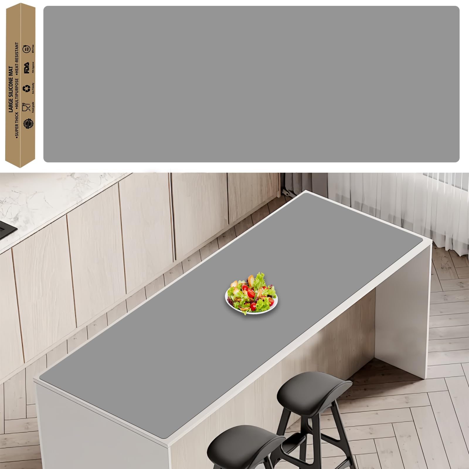 78.7''x23.6''(200cmx60cm) Extra Large Silicone Mat for Kitchen Counter, Heat Resistant Non-Slip Kitchen Island Protector Mat, Silicone Placemat for Countertop Protector, Light Gray