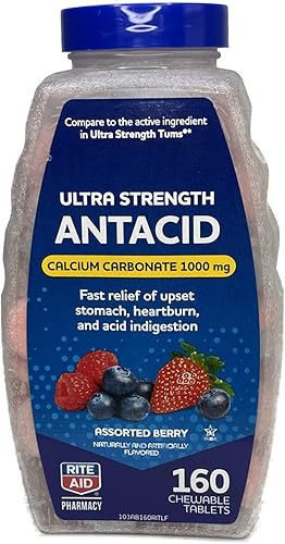 Miniatura 1 de Rite Aid Tabletas masticables antiácidos ultra fuertes, sabores surtidos de bayas, 160 unidades, carbonato de calcio de 1000 mg, alivio rápido de