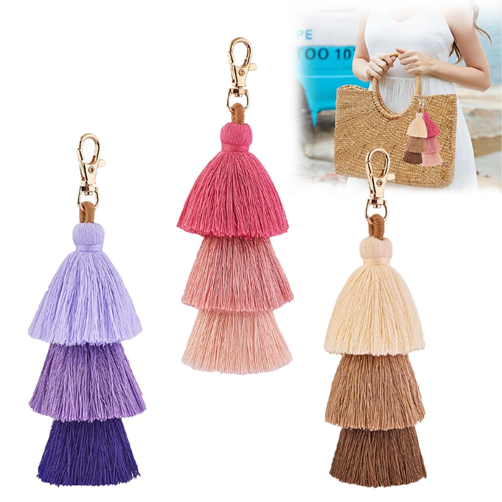 RXKFIGX Colorful Boho Tassel Charm Key Chain 3Pcs Handbag Tassels Charms Pom Pom Tassel Bag Pendant Key Ring Keychain Women Colorful Tassels Charm Keychain Car Keyring Holder Bag Wallet Purse