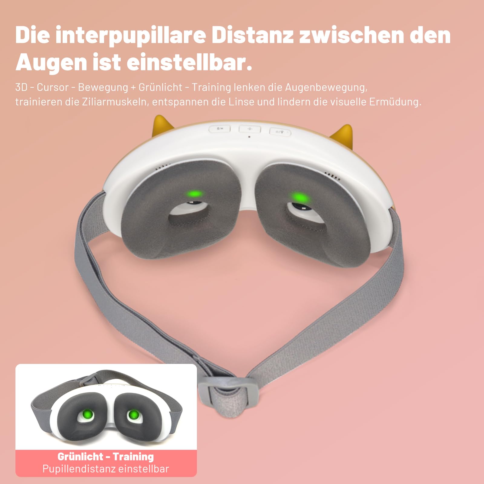 Kinder-Augenmassagegerät, 2 Modi mit Sprachansage, integrierter Musik & 3D-Grünlicht, Bluetooth-Verbindung, Wärmekompression Kinder Augenschutzgerät