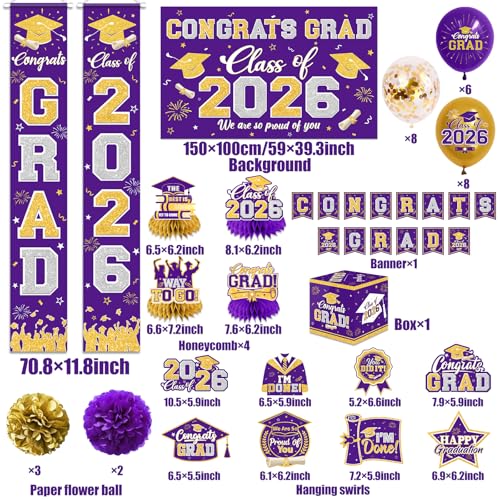 Image of Graduation Decorations Class of 2026 Purple and Gold Graduation Decorations with Congrats Grad Banner,Backdrop,Porch Sign,Balloons,Hanging Swirls,Honeycomb Centerpieces,Box for Graduation Party Decor