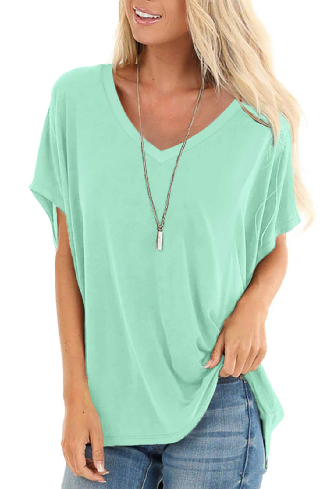 SAMPEELWomens Summer Dolman Sleeve V Neck Casual Tops Tshirts