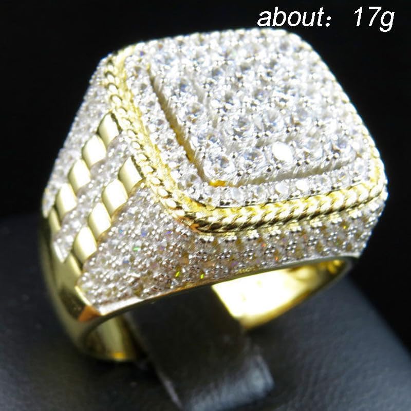 Men Ring 14K Gold Cluster Iced Out Lab Simulated Diamond Band Micropave Bling Ring Men's Hip Hop Ring Band Ring Personalized Jewelry Silver Gold Mens Pinky Ring Luxury Bling Party Ring Size 9 - Image 5