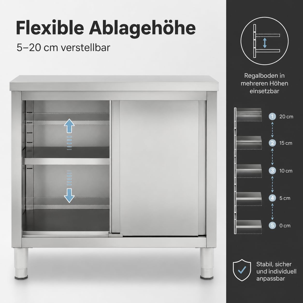 Outdoor Küche Edelstahl, 100x50x86cm Edelstahl Schrank mit Schiebetüren und Arbeitsplatte, 5-20 cm Verstellbare Höhenlagerung Bodenstehend Arbeitsschrank Küchenarbeitstisch für Küche, Garage, Kantinen