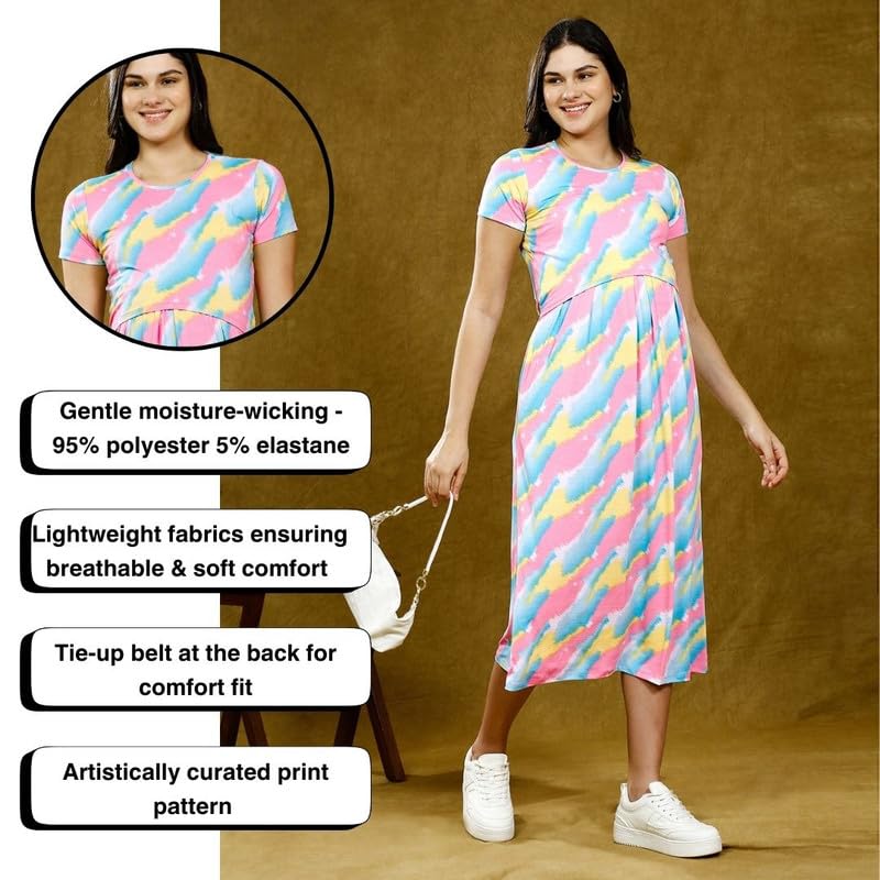 True Shape Maternity Dresses for Women Cotton | Stretchable Zipless Feeding Loungewear Kurta with Side Pockets in Knitted Hosiery for Pre & Post Partum(TS542-L, Rose Pink) 1