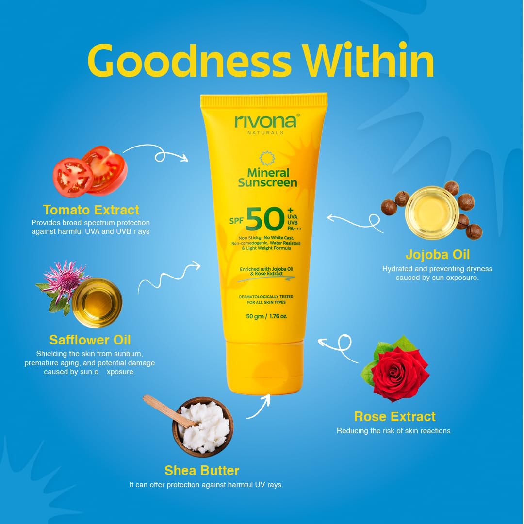 Rivona Naturals Mineral Sunscreen Spf 50 PA +++ for Acne-prone skin| UVA and UVB filters| No White Cast| Non-Oily, Non-Sticky and Water resistant Formula | For dry, oily and sensitive skin| 50 gm 1