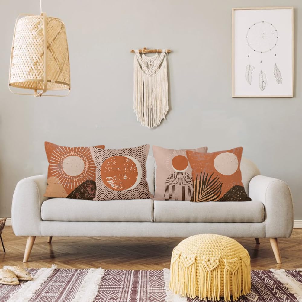 Lot de 4 housses de coussin décoratives de style bohème 66 x 66 cm, taies d'oreiller décoratives abstraites en lin beige et terre cuite pour canapé, voiture (coussin non inclus)