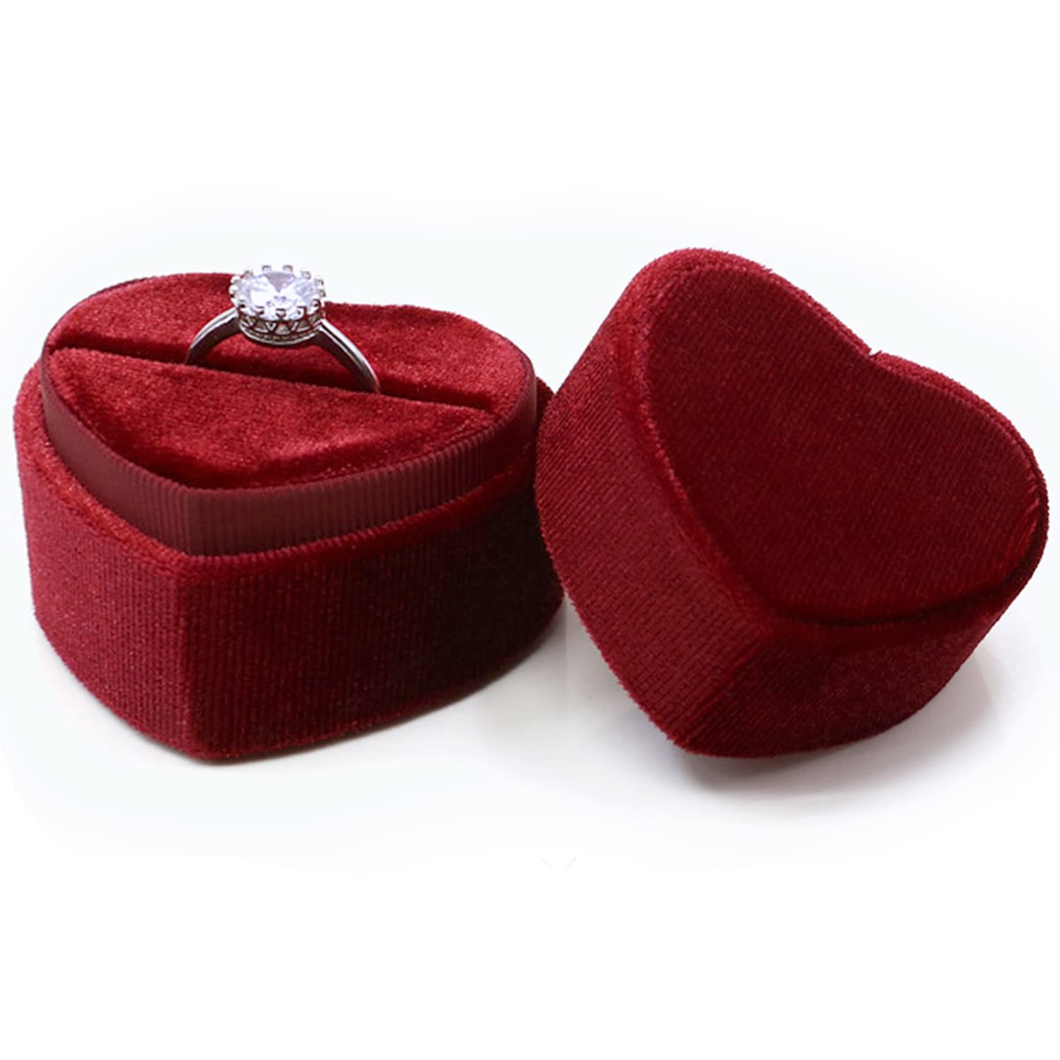 Myebiuai Velvet Wine Single Velvet Ring Box Wine - Premium Gorgeous Heart Shape Ring Box Display Holder With Detachable Lid Ring Bearer Box For Proposal, Engagement, Wedding, Ceremony, Anniversary