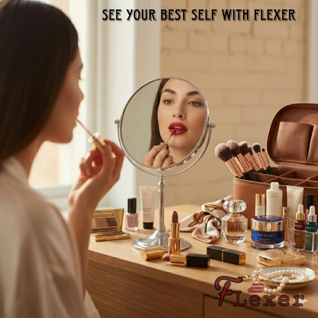 FLEXER Dual Sided Magnifying Tabletop Mount Oval Plastic Frame Mirror 5X And 1X Make Up Mirror Portable Table Mirrors With Stand For Woman&Man Chrome Finish (Silver) 2