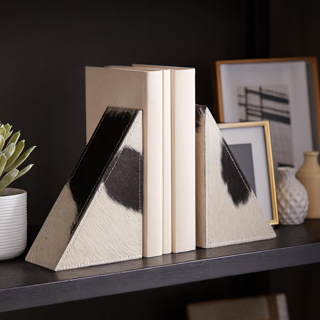 Bookends for Shelves and Bookshelf Decor – Triangular Decorative Bookends with Cowhide Leather Wrapped Finish – Sturdy Bookends Perfect for Home Library, Office, and Desk Decor – 7" Ivory & White