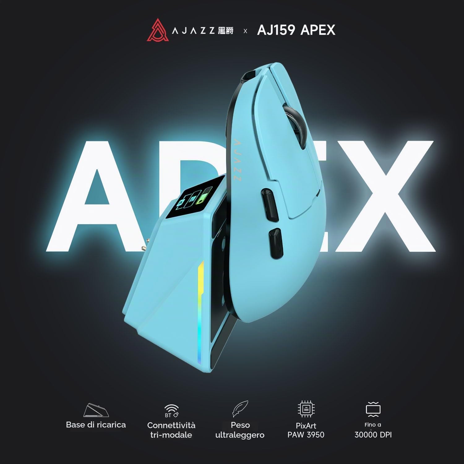 AJAZZ AJ159 APEX Wireless Gaming Mouse with RGB Magnetic Charging Base, Lightweight 56 Gram Design, 2.4G/USB-C/BT, 400 mAh Battery, 42K DPI, 8000Hz Response Rate, Compatible with PC and Mac, Blue