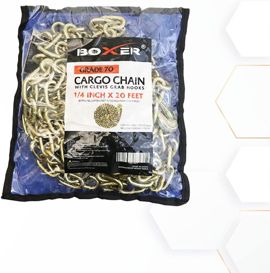 Boxer Heavy Duty Transport Chain with Clevis Hooks, ¼” x 20ft Grade 70 12,600lbs Breaking Strength - Tie Down for Trucks, Trailers, Tractors