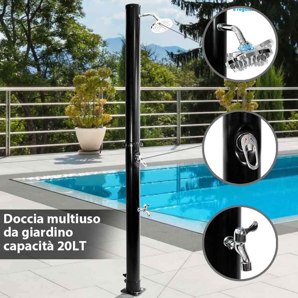 BAKAJI Douche Solaire pour Jardin, Piscine, extérieur, Camping, réservoir 20 l avec Pomme de Douche réglable, Lave Pieds, mélangeur d'eau Chaude, raccord Tuyau de Jardin, Dimensions 214 x 11,5 x 11,5