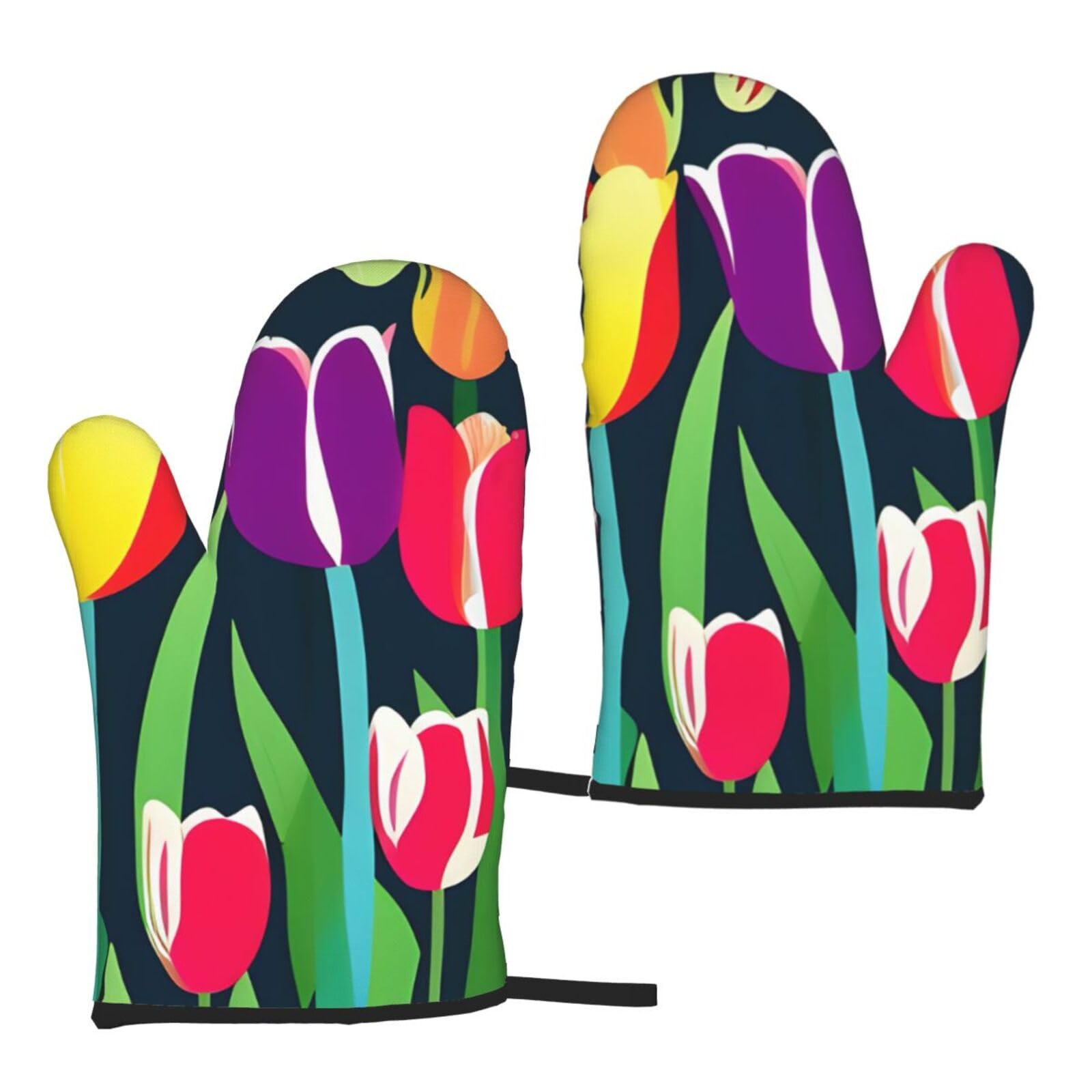 Colorful Tulips Print Heat Resistant Universal Fit Oven Microwave Gloves Home Cooking Baking Grilling