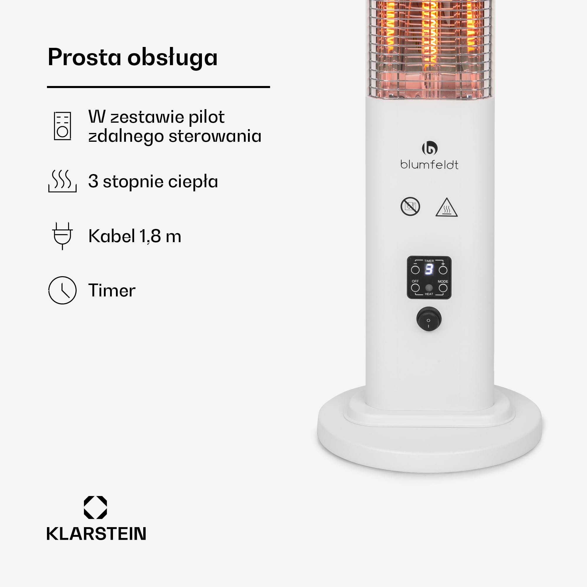 blumfeldt Ogrzewanie na podczerwień, promiennik ciepła do wnętrz, ogrzewanie na podczerwień, bezpieczne ogrzewanie elektryczne z zabezpieczeniem przed przewróceniem, energooszczędne ogrzewanie z IP65,