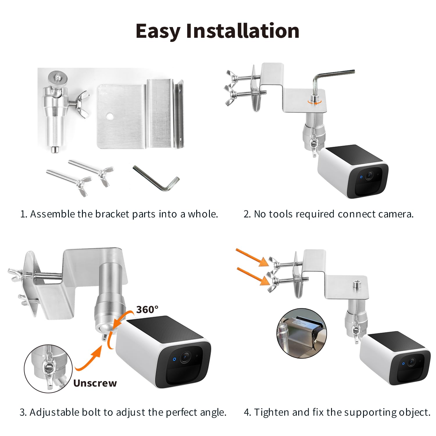 Dachrinnenhalterung für Eufy, Arlo Solarpanel, Verstellbare Edelstahl Halterung für Solar-Sicherheitskamera Solarmodul-Platzierung, Kompatibel mit 1/4 Schraube Kamera, Eufy, Arlo Solarpanel (1Stück)