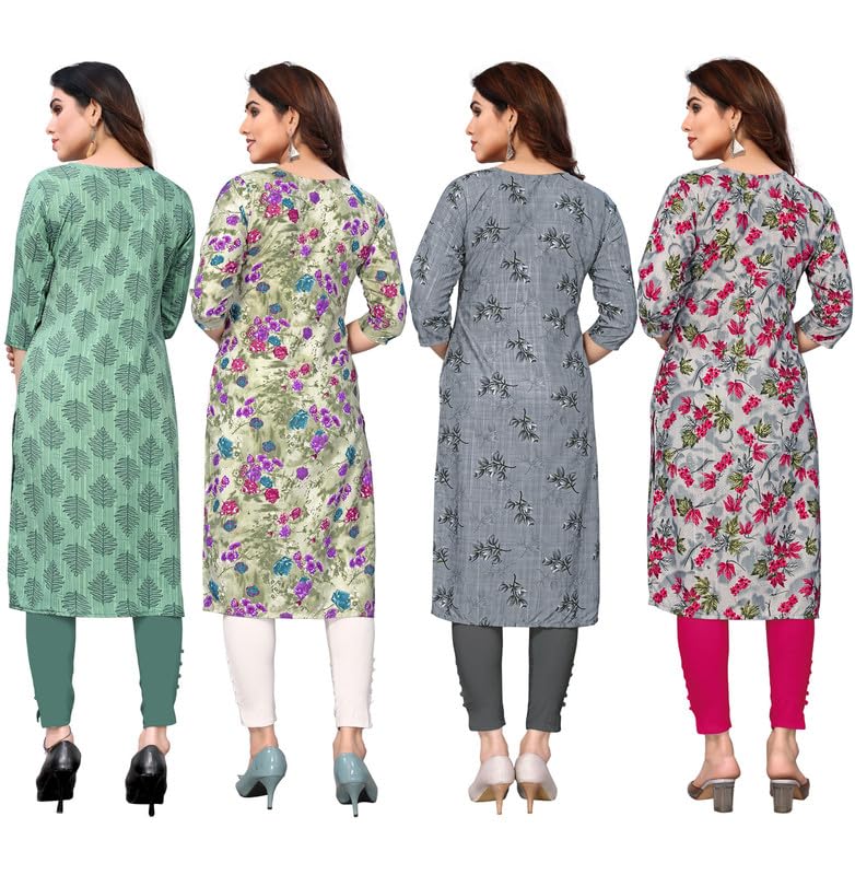 Image of JAKHANA Women's Crepe Printed Casual Straight Calf Length Round Nick Kurta Pack of 4