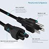 Cable de alimentación AC para laptop, 3 clavijas, 4 pies, resistente al calor, flexible y duradero, compatible con electrodomésticos, laptops, TVs, monitores e impresoras, certificado ETL, 18AWG 125V 10A 3