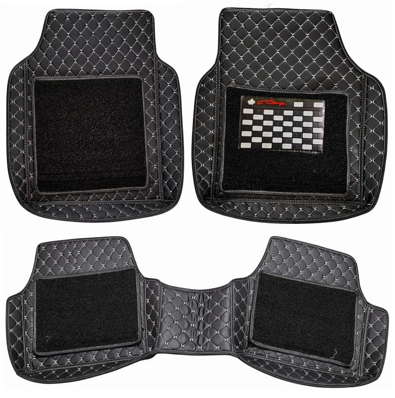 Image of CYRERUniversal Car 7D Floor Mats for 5-Seater Cars | Premium PU Leatherette Car Foot Mats | Anti-Skid, Waterproof, Easy to Clean | Silver Black | Set of 3