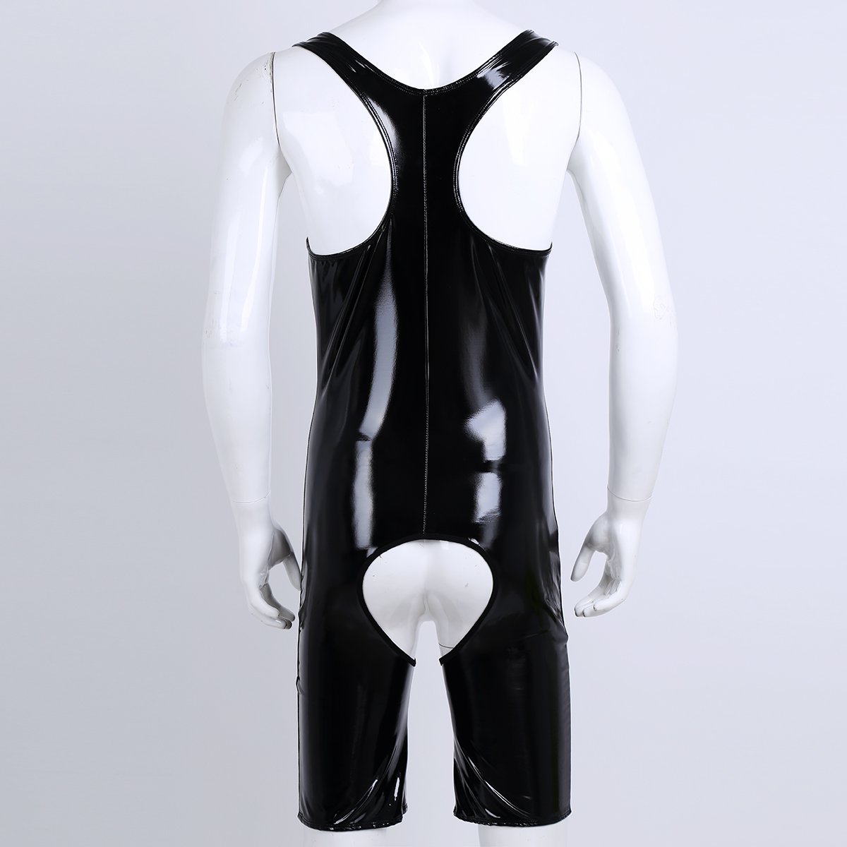 ranrann Body Homme Sexy Ouvert Bodysuit Cuir Verni Combinaison Maillot de Corps Wetlook Lingerie Erotique Jumpsuit Vêtements de Nuit Clubwear M-4XL