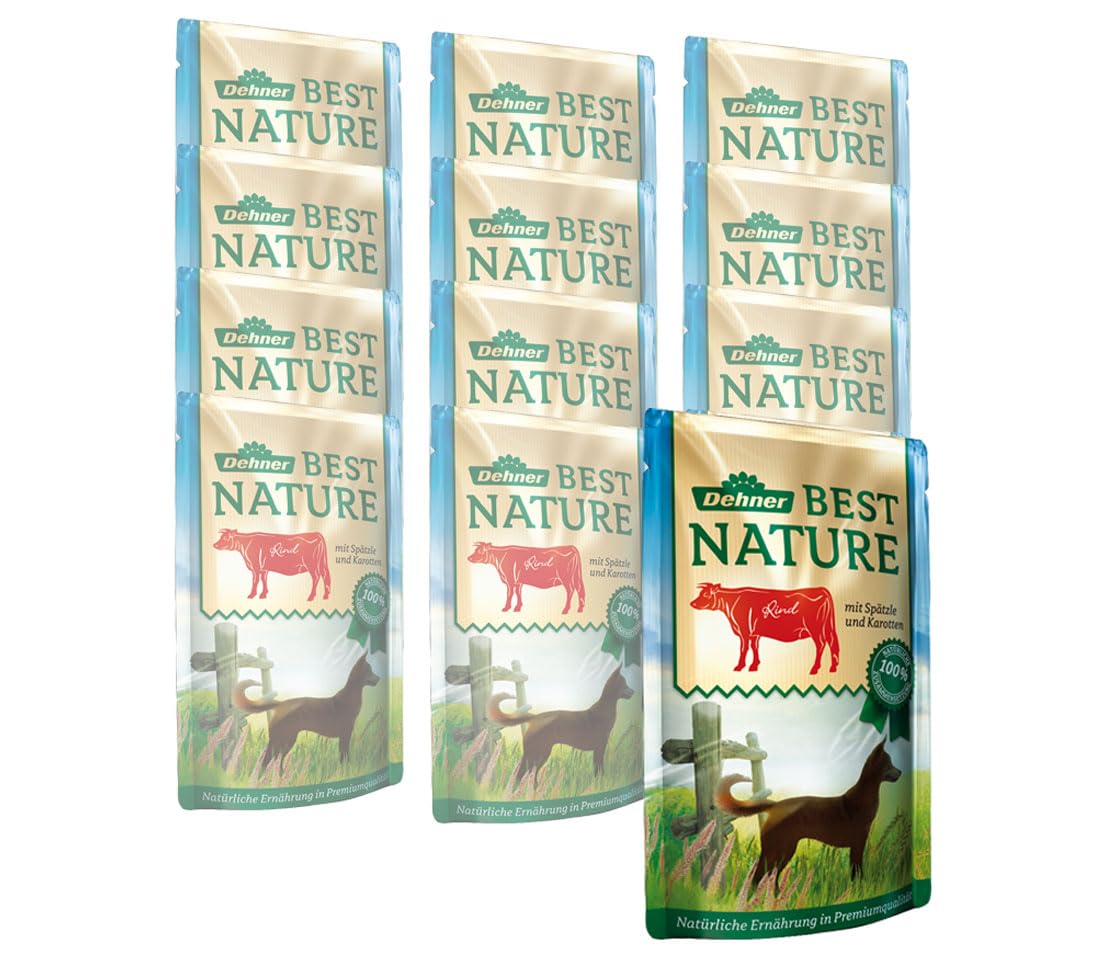 Dehner Best Nature Nourriture pour Chien Adulte, bœuf et spätzle avec Carottes, en Sachet, 12 x 150 g (1,8 kg)