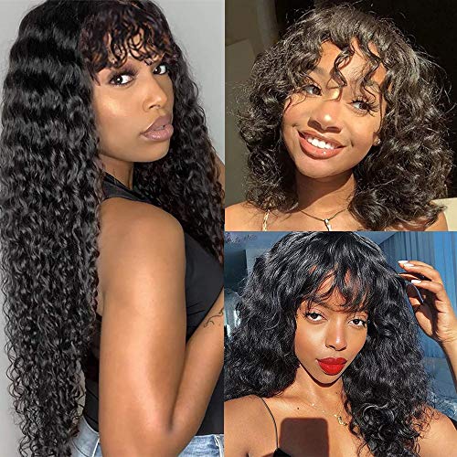 Wet and Wavy Human Hair with Bang No Lace Human Hair Full End Wigs Glueless Brazilian Human Hair Wig 26 Inch No Lace Front Wig Human Hair Bangs Wig Human Hair Wavy Curly Full Bang Wig For Black Women