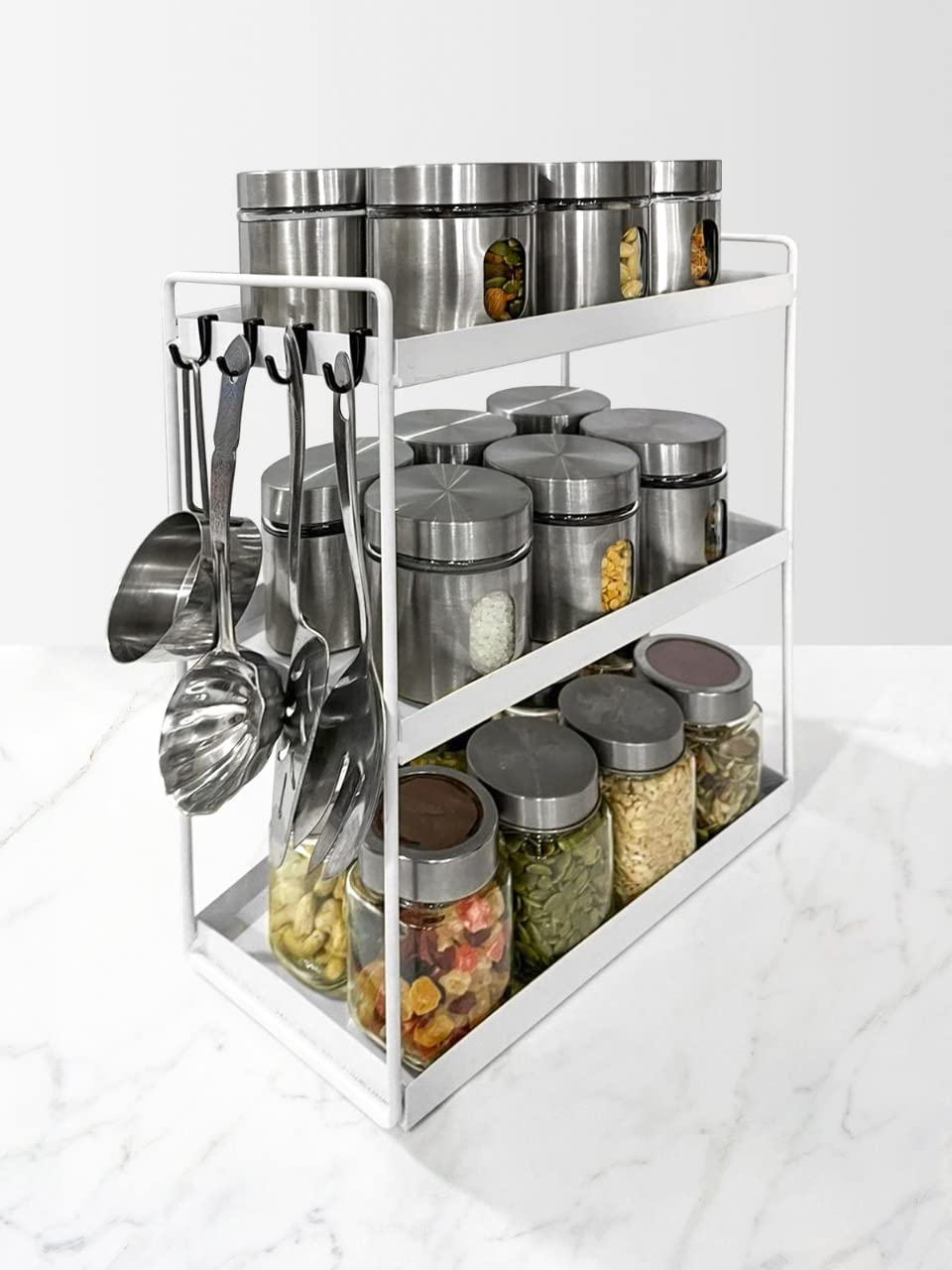 SHIOK DECOR Metal 3-Tier Kitchen/Bathroom Storage Shelf with Black Hooks (4 Hooks Included), (12.2" X 16.9" X 6.7"), White