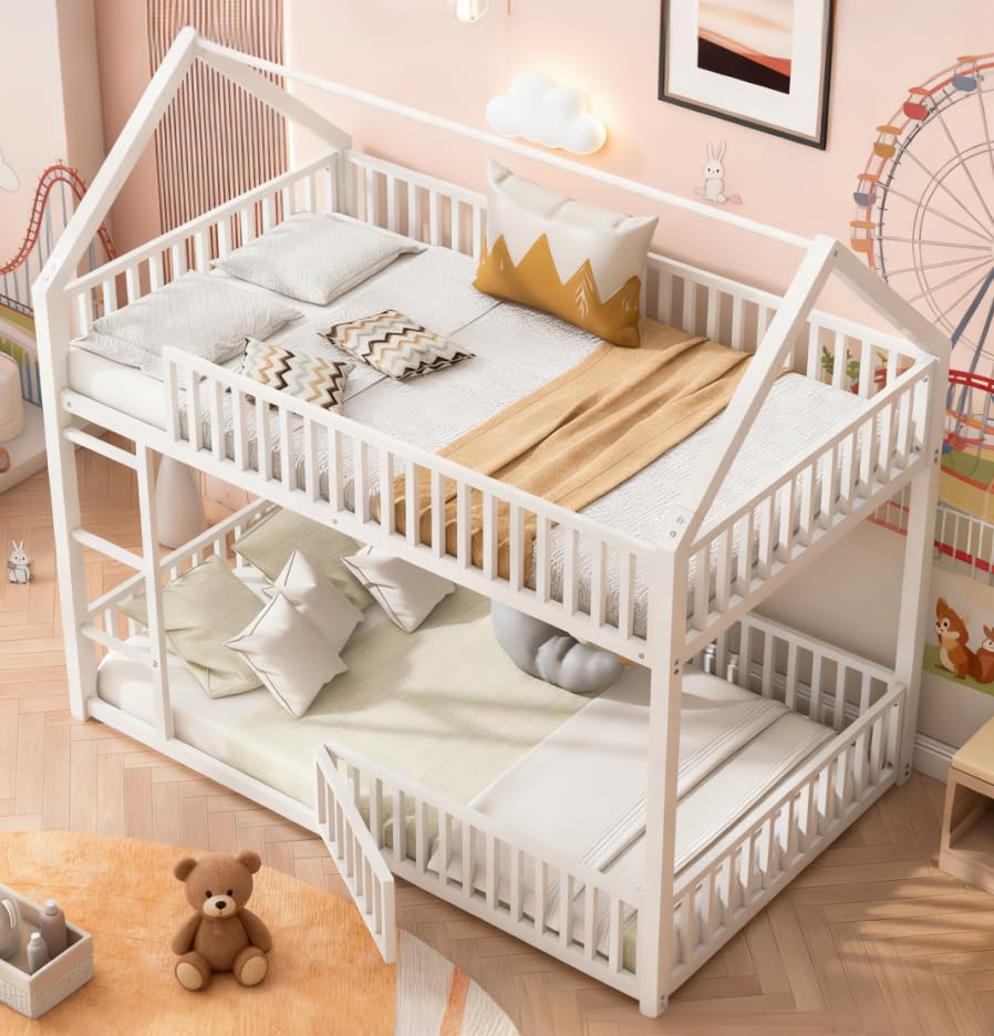 Image of Bellemave Metal Bunk beds Twin Over Twin, House Floor bunk Bed with guardrail and Door for Kids,White
