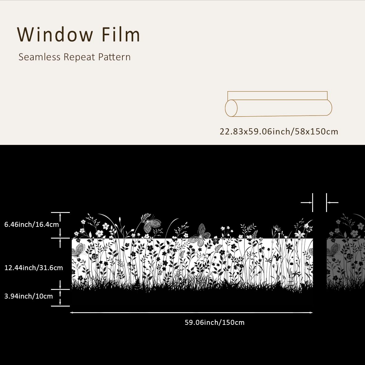 150 x 58 cm Fensterfolie, Sichtschutz für Glasfenster, reinweiß, Vintage, mattiert, wiederverwendbar, Blumenfensterfolie für Küche, Bad, Büro, Schlafzimmer, Privatsphäre, Schmetterlinge und
